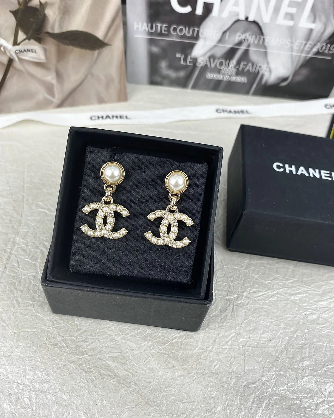 Chanel Pearl-Effect Pavé CC Drop Earrings Gold-Tone product view 5