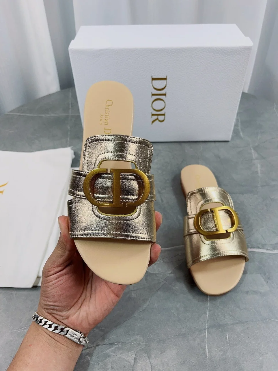 Dior 30 Montaigne Slides In Gold Metallic Calfskin product view 3