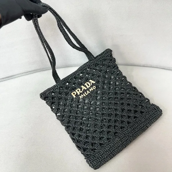 Prada Crochet Tote Bag in Black Raffia-effect Yarn product view 2