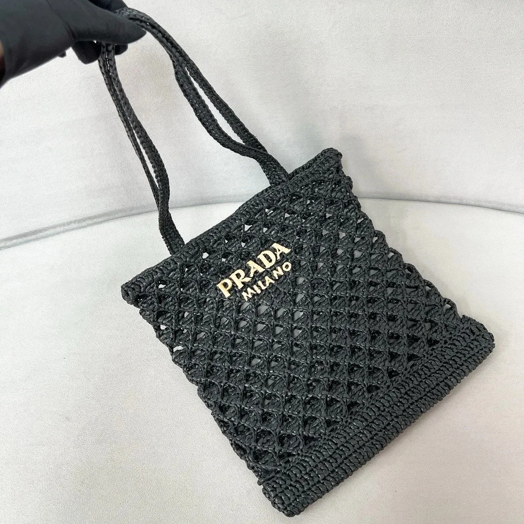 Prada Crochet Tote Bag in Black Raffia-effect Yarn product view 2