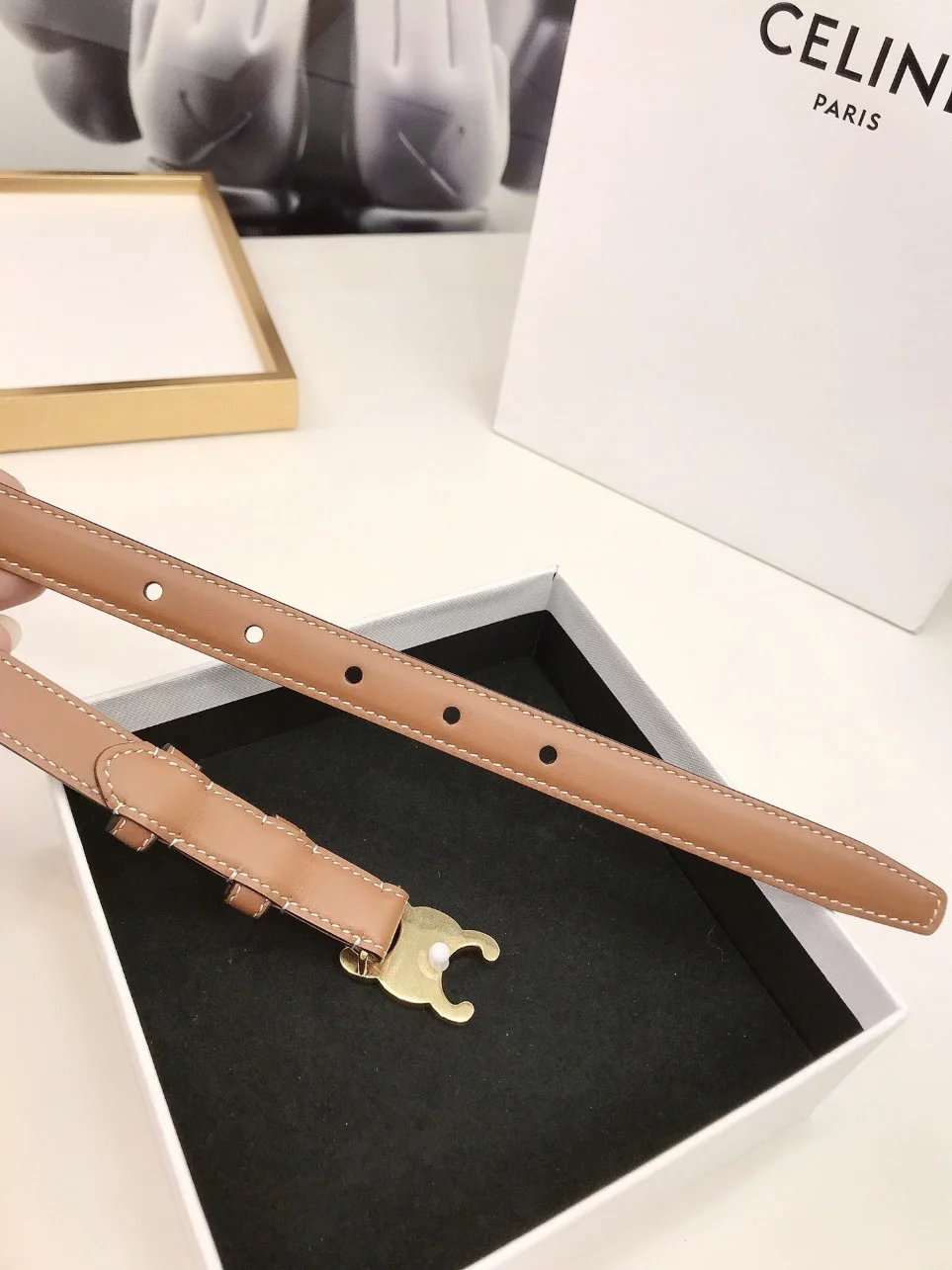 Celine Small Triomphe Belt 18MM in Brown Calfskin product view 3