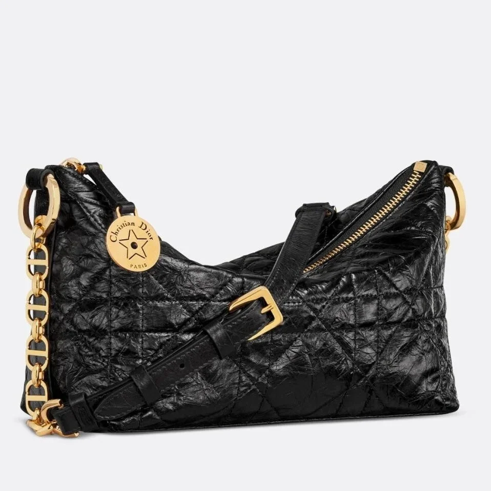 Dior Diorstar Hobo Bag with Chain in Black Crinkled Calfskin product view 1
