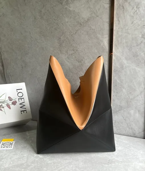 Loewe Large Puzzle Fold Tote Bag in Tan and Black Calfskin product view 3