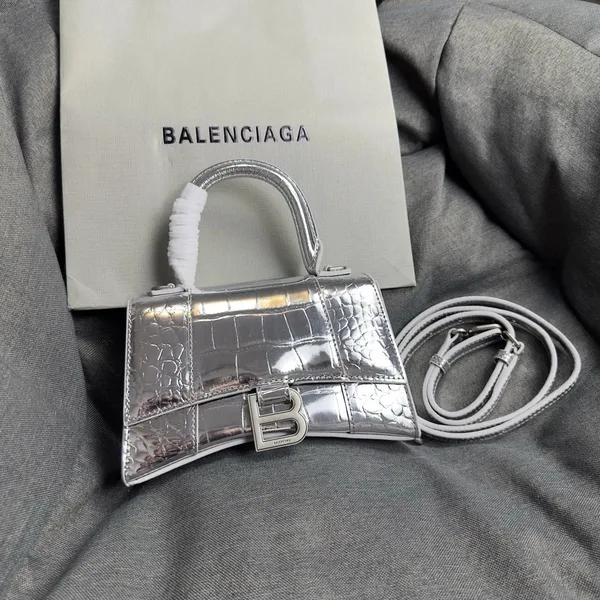 Balenciaga Hourglass XS Bag in Silver Croc-Embossed Calfskin product view 5