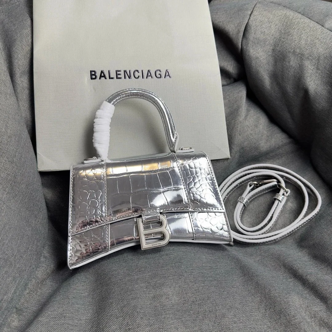 Balenciaga Hourglass XS Bag in Silver Croc-Embossed Calfskin product view 5