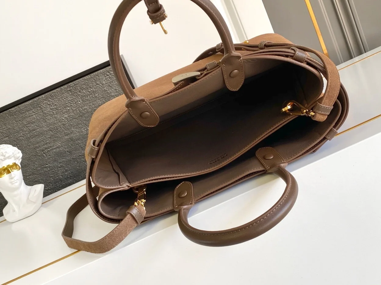 Prada Buckle Large Handbag with Belt in Cocoa Suede Calfskin product view 9