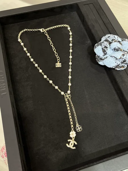 Chanel Camellia Pearl-Effect Y Necklace Black White and Gold-Tone product photo