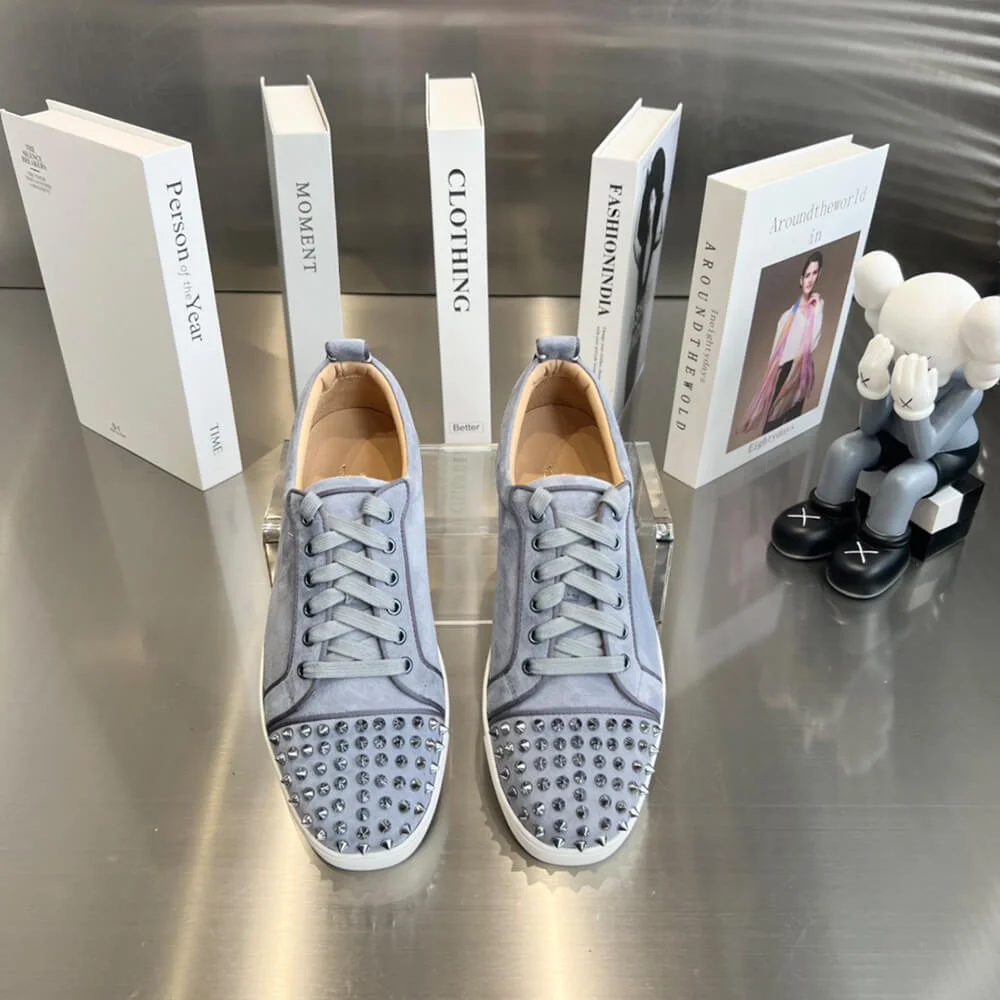 Christian Louboutin Louis Junior Spikes Suede-Effect Sneakers Grey with White Sole product view 3