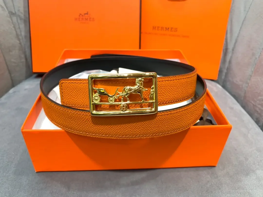 Hermès Orange/Black Reversible Belt with Gold-Tone Horse-and-Carriage Buckle product view 3