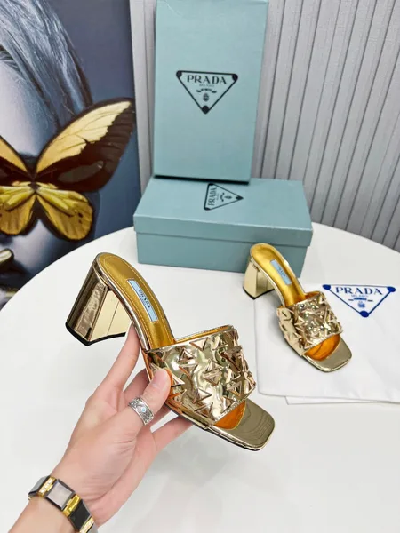 Prada Heeled Slide Sandals 65mm In Gold Metallic Leather product view 2