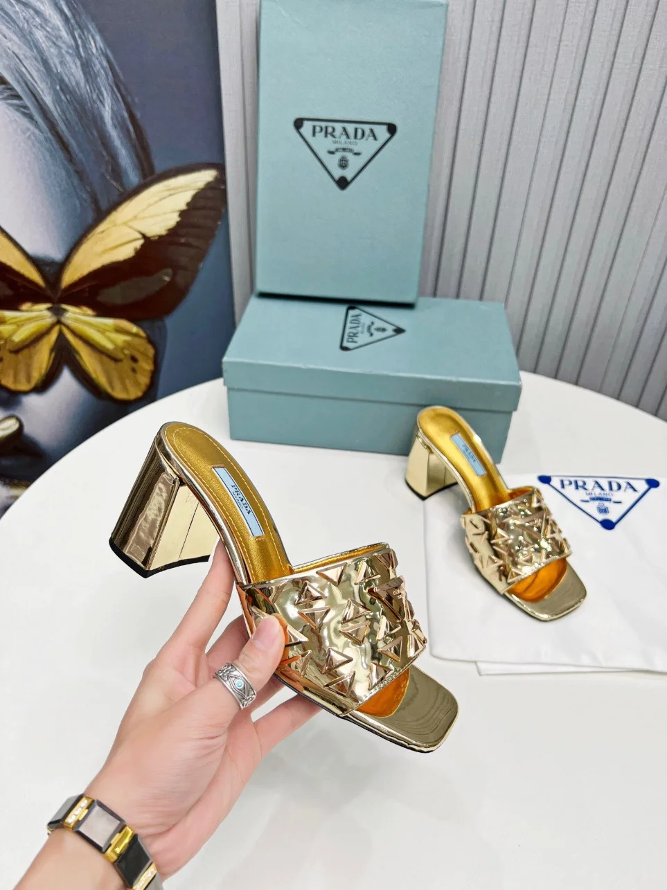 Prada Heeled Slide Sandals 65mm In Gold Metallic Leather product view 2
