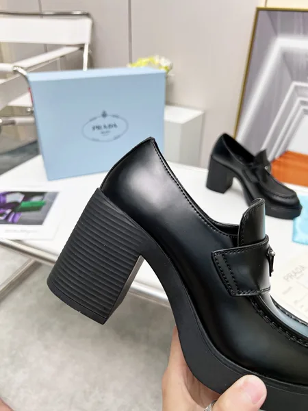 Prada Chocolate High-heeled Loafers In Black Brushed Leather product view 6