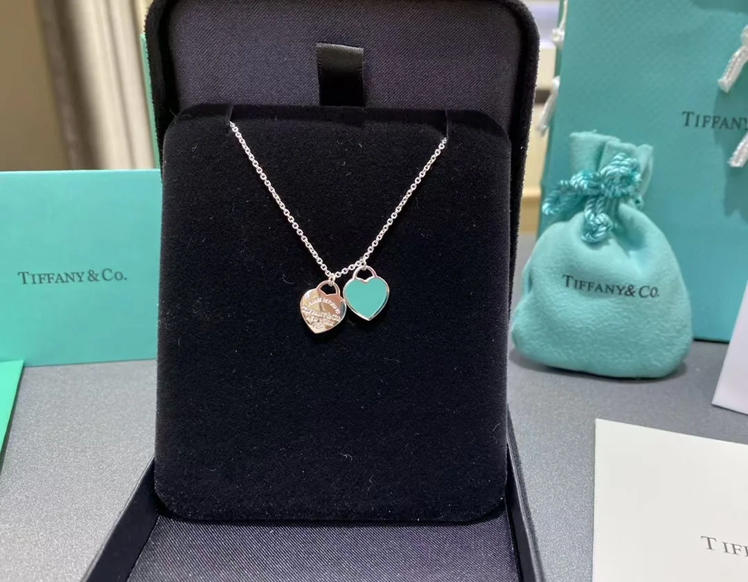 Tiffany & Co. Double Heart Tag Necklace Silver-Tone with Pink Inlay product view 1