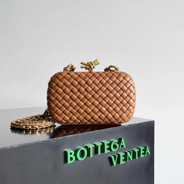 Bottega Veneta Knot Clutch with Chain in Brown Intrecciato Lambskin product view 7