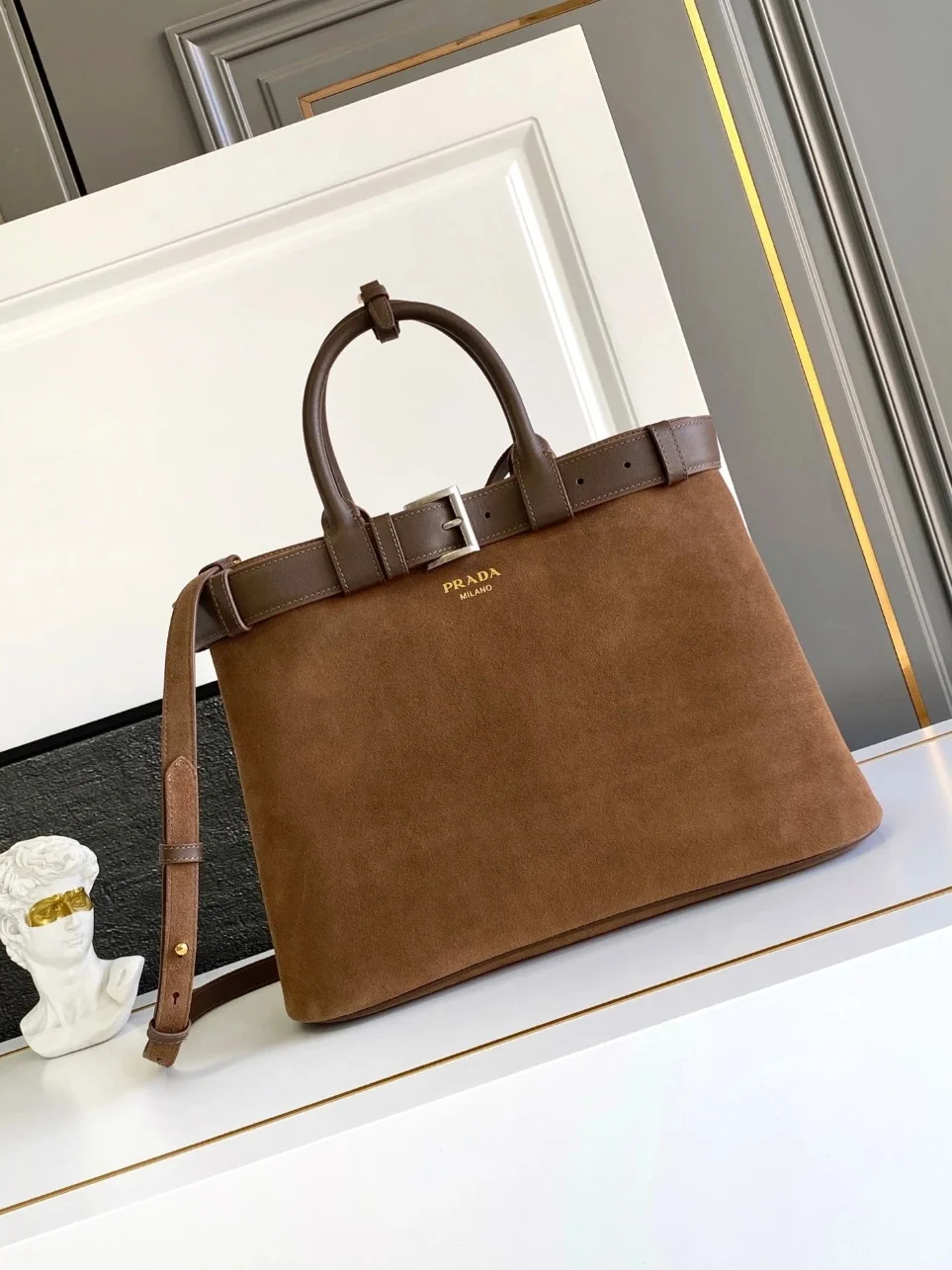 Prada Buckle Large Handbag with Belt in Cocoa Suede Calfskin product view 2