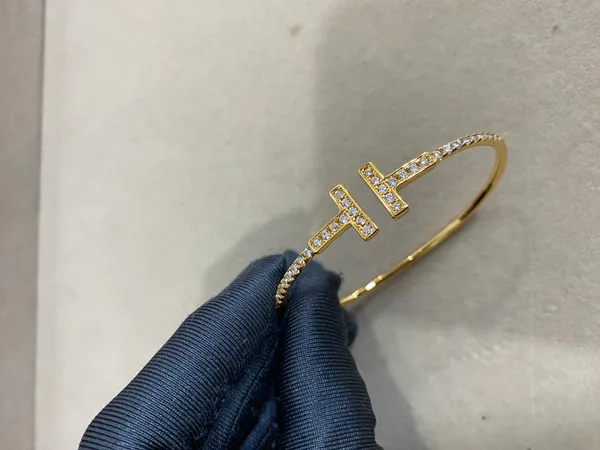 Tiffany & Co. Double T Square-Bar Pavé-Effect Cuff Gold-Tone product photo