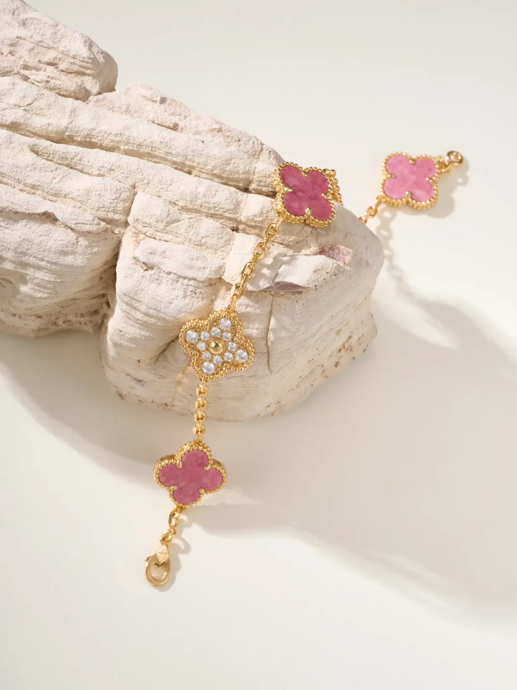 Van Cleef & Arpels Alhambra Pink Clover and Pave-Effect Gold-Tone Bracelet product view 3