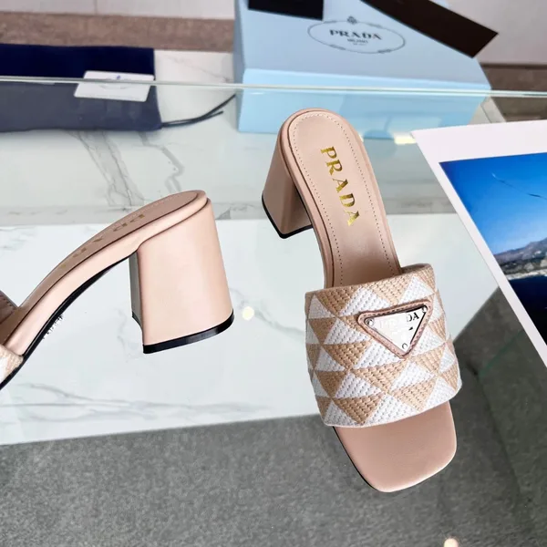 Prada Heeled Slide Sandals 65mm in Beige and White Fabric product view 7