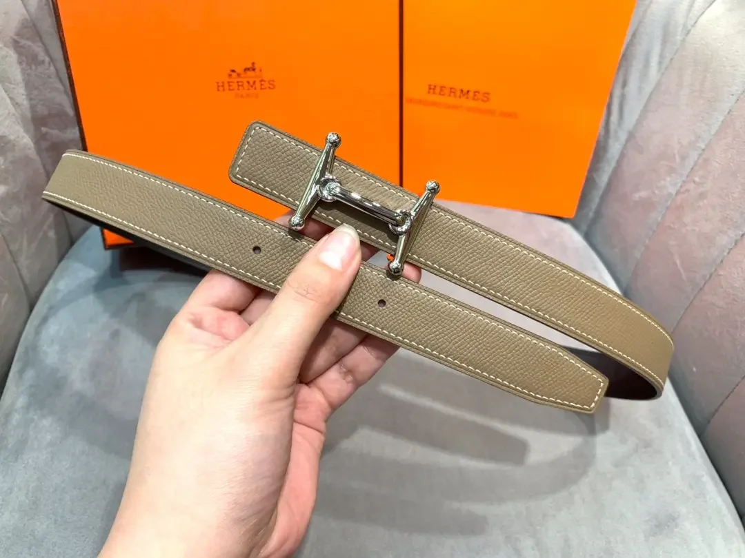 Hermès Taupe/Black Reversible Belt with Silver-Tone Stirrup-Style H Buckle product view 3