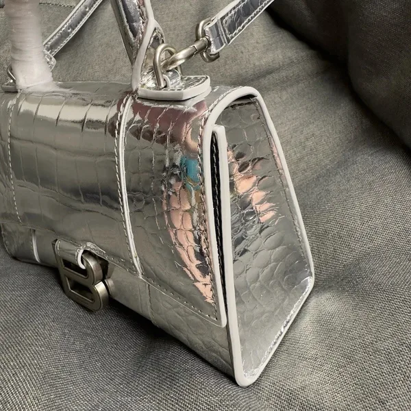 Balenciaga Hourglass XS Bag in Silver Croc-Embossed Calfskin product view 7