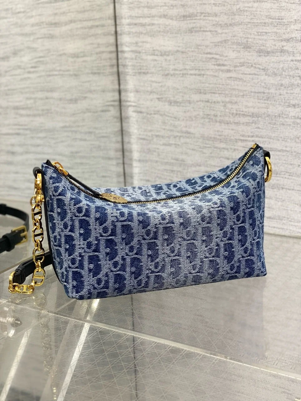 Dior Diorstar Hobo Bag with Chain in Blue Denim Oblique Jacquard product view 2