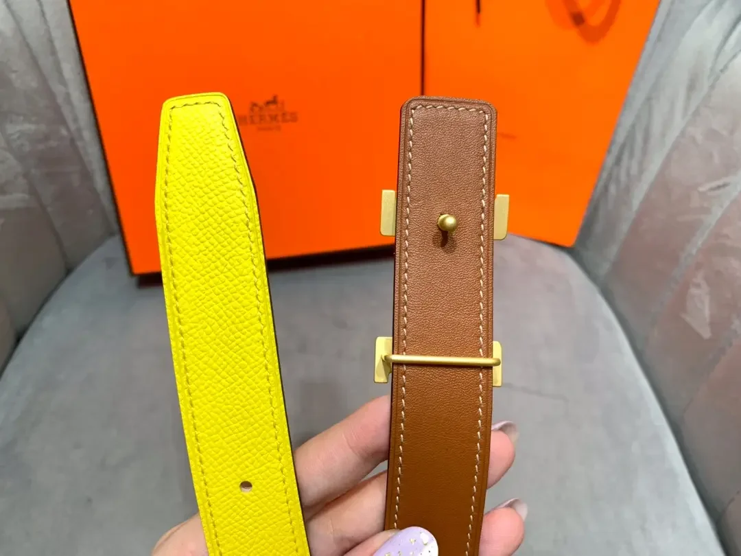Hermès Yellow/Brown Reversible Belt with Gold-Tone Wide H Buckle product view 7