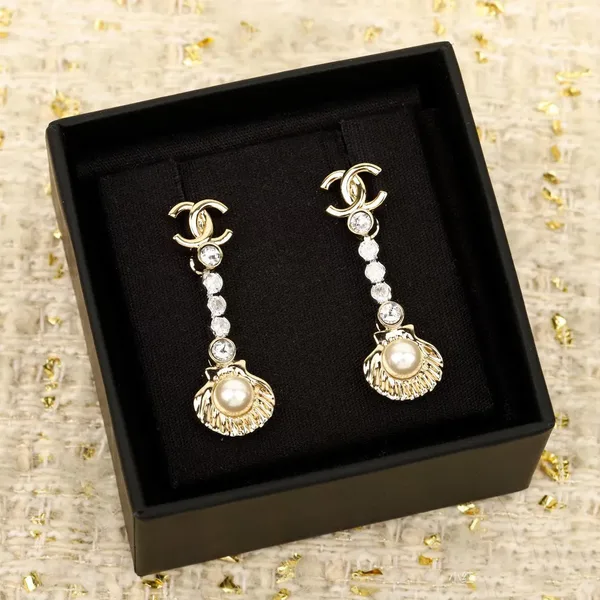 Chanel Rhinestone Shell Drop Earrings Gold-Tone product photo