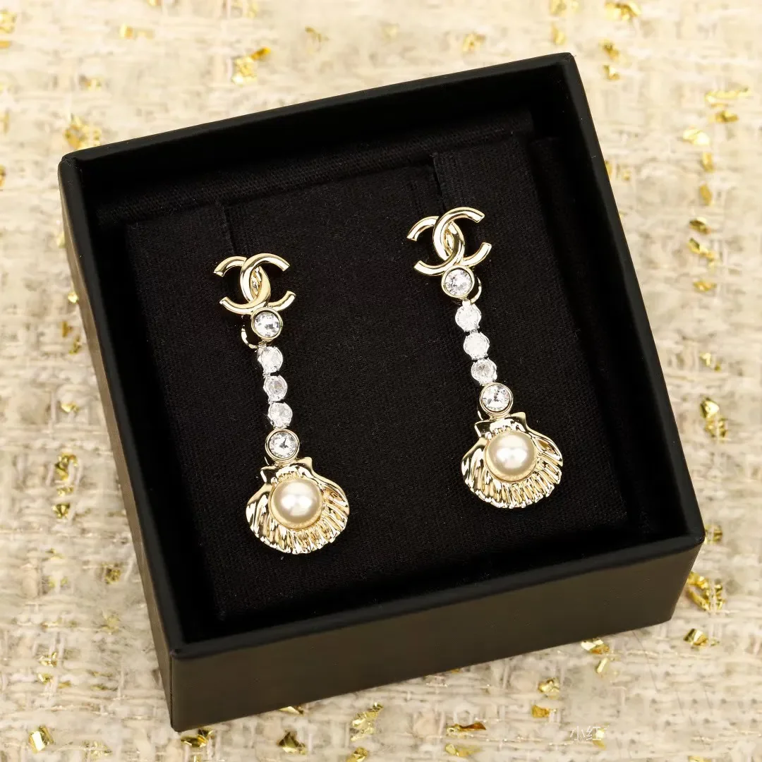 Chanel Rhinestone Shell Drop Earrings Gold-Tone product view 1