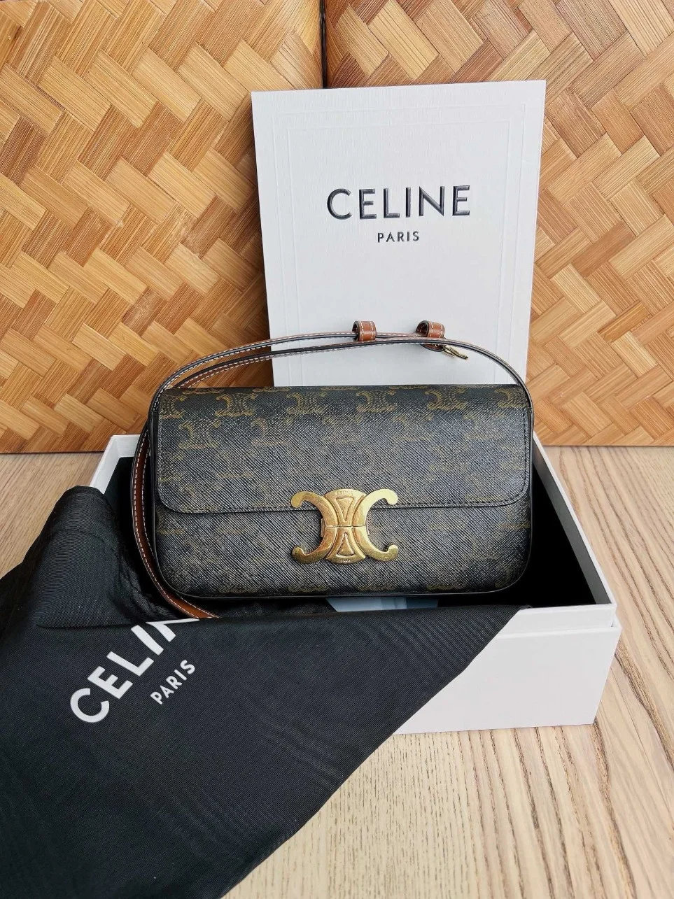Celine Claude Shoulder Bag in Black Triomphe Canvas product view 3