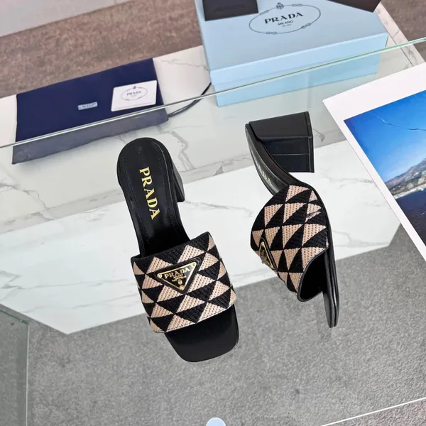 Prada Heeled Slide Sandals 65mm in Black and Beige Fabric product view 8
