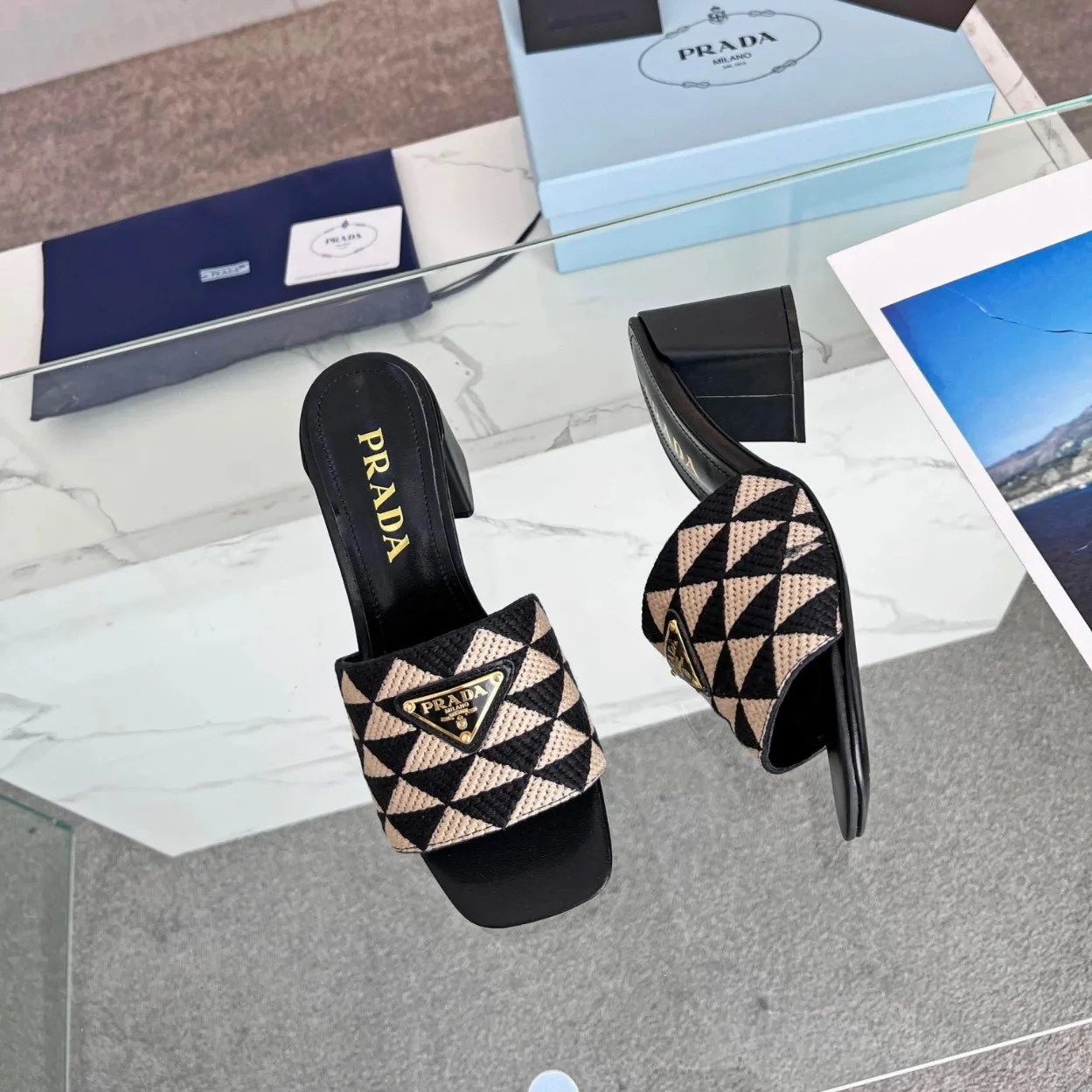 Prada Heeled Slide Sandals 65mm in Black and Beige Fabric product view 8