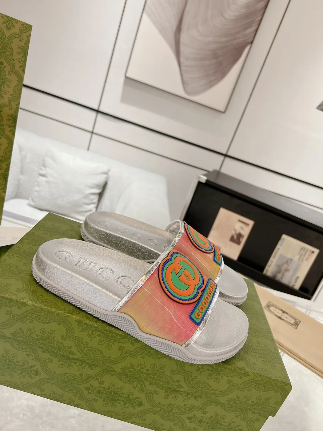 Gucci Interlocking G Slide Sandals — Silver with Rainbow Finish product view 2