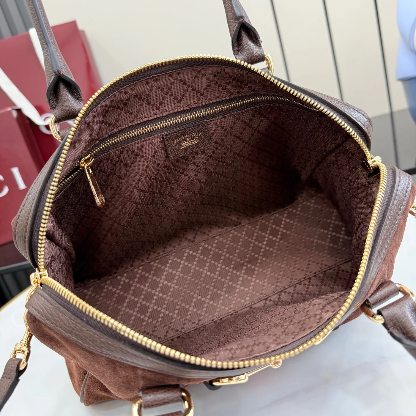 Gucci Borsetto Medium Boston Bag — Brown Suede product view 8