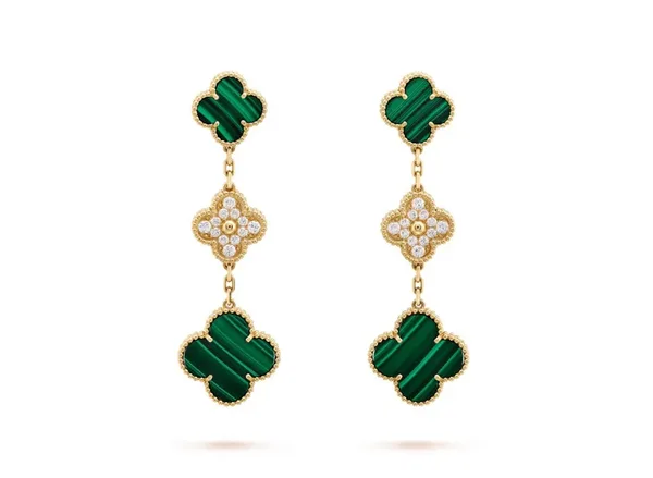 Van Cleef & Arpels Alhambra Green and Pave-Effect Three-Motif Gold-Tone Drop Earrings product photo
