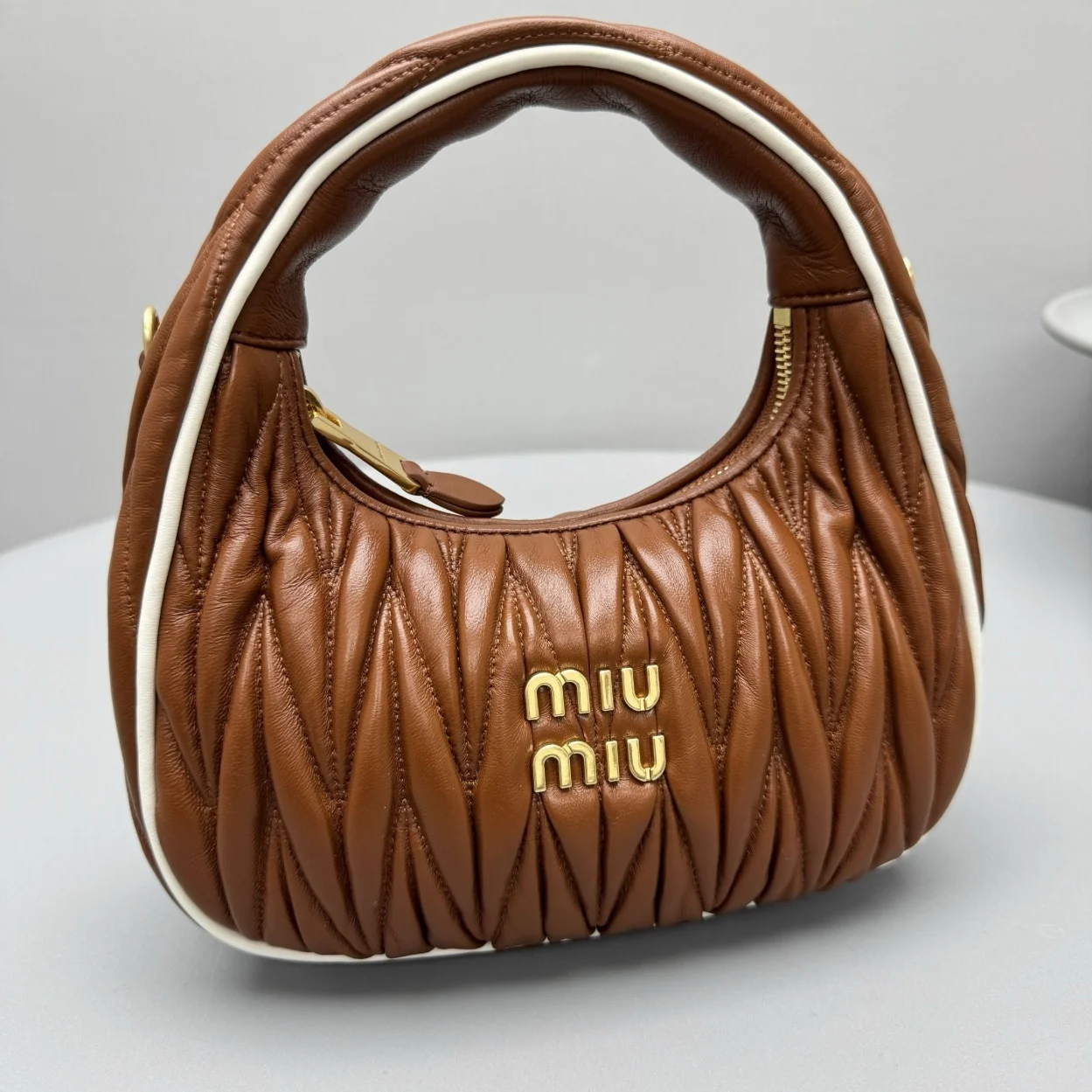 Miu Miu Wander Hobo Bag in Cognac Matelasse Nappa Leather product view 9
