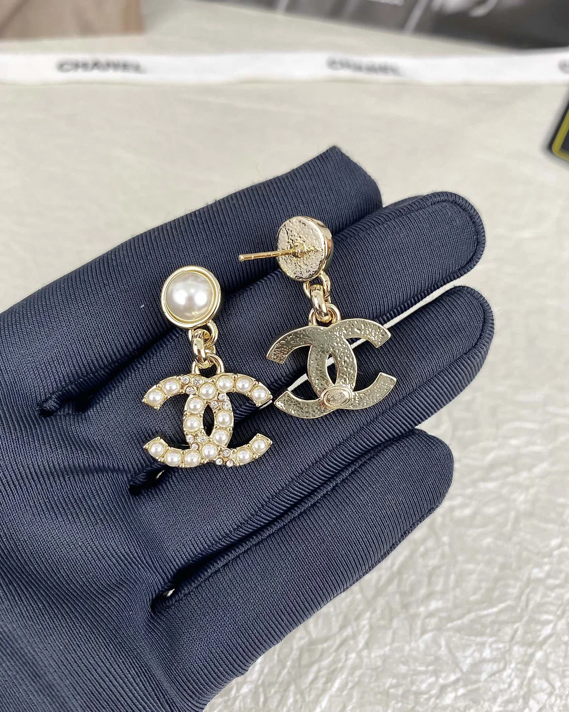 Chanel Pearl-Effect Pavé CC Drop Earrings Gold-Tone product view 8