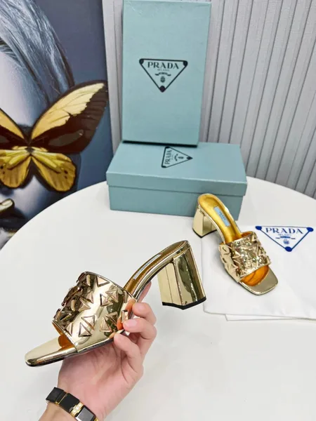 Prada Heeled Slide Sandals 65mm In Gold Metallic Leather product view 4