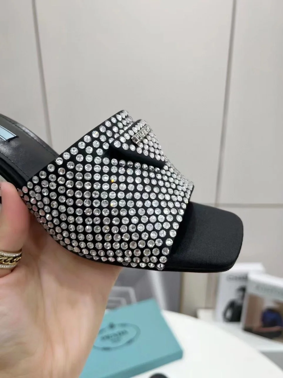 Prada Black Satin Heeled Sandals with White Crystals product view 5