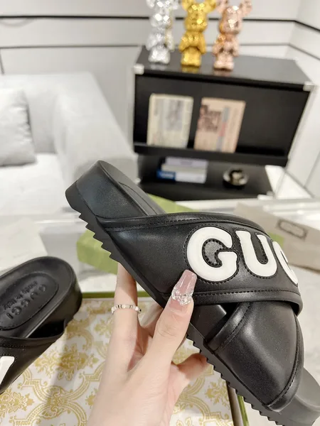 Gucci Cross-Strap Slide Sandals — Black with White Logo product view 7