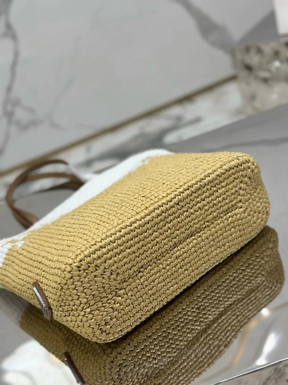 Prada Crochet Small Tote Bag in Beige/White Raffia-effect Yarn product view 9