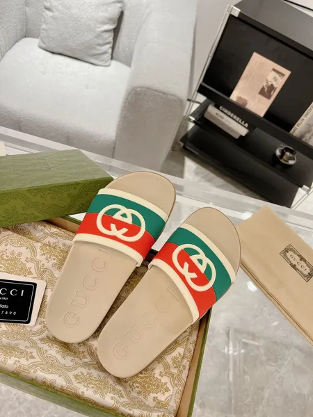 Gucci Slide Sandals, Beige/Red/Green product view 3