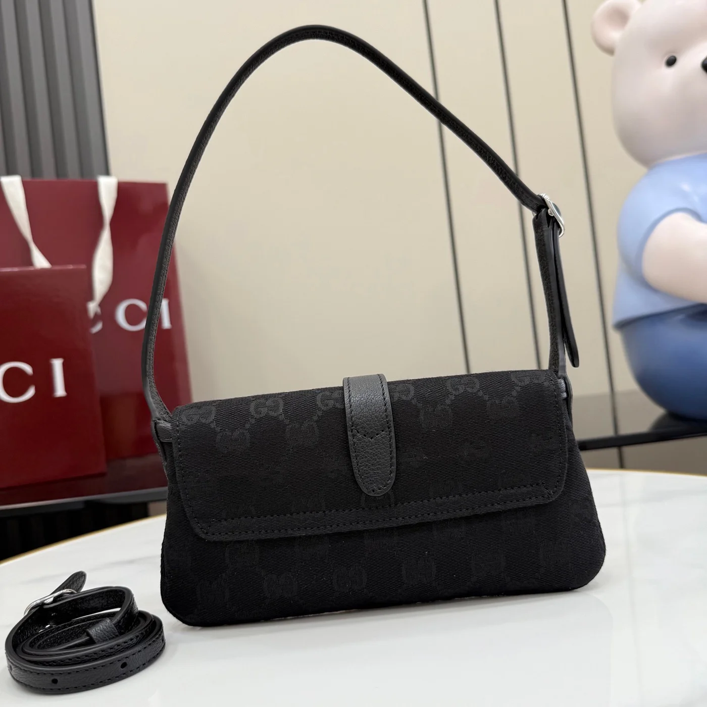 Gucci Jackie Small Shoulder Bag — Black Jacquard with Silver-Tone Hardware product view 3