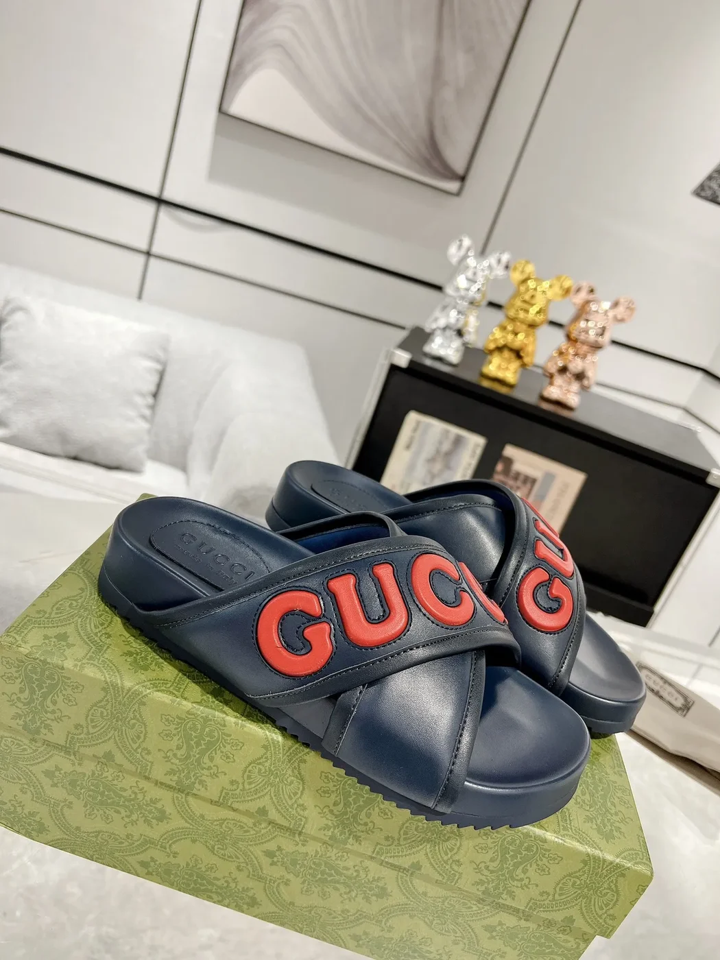 Gucci Cross-Strap Slide Sandals — Navy Blue with Red Logo product view 3