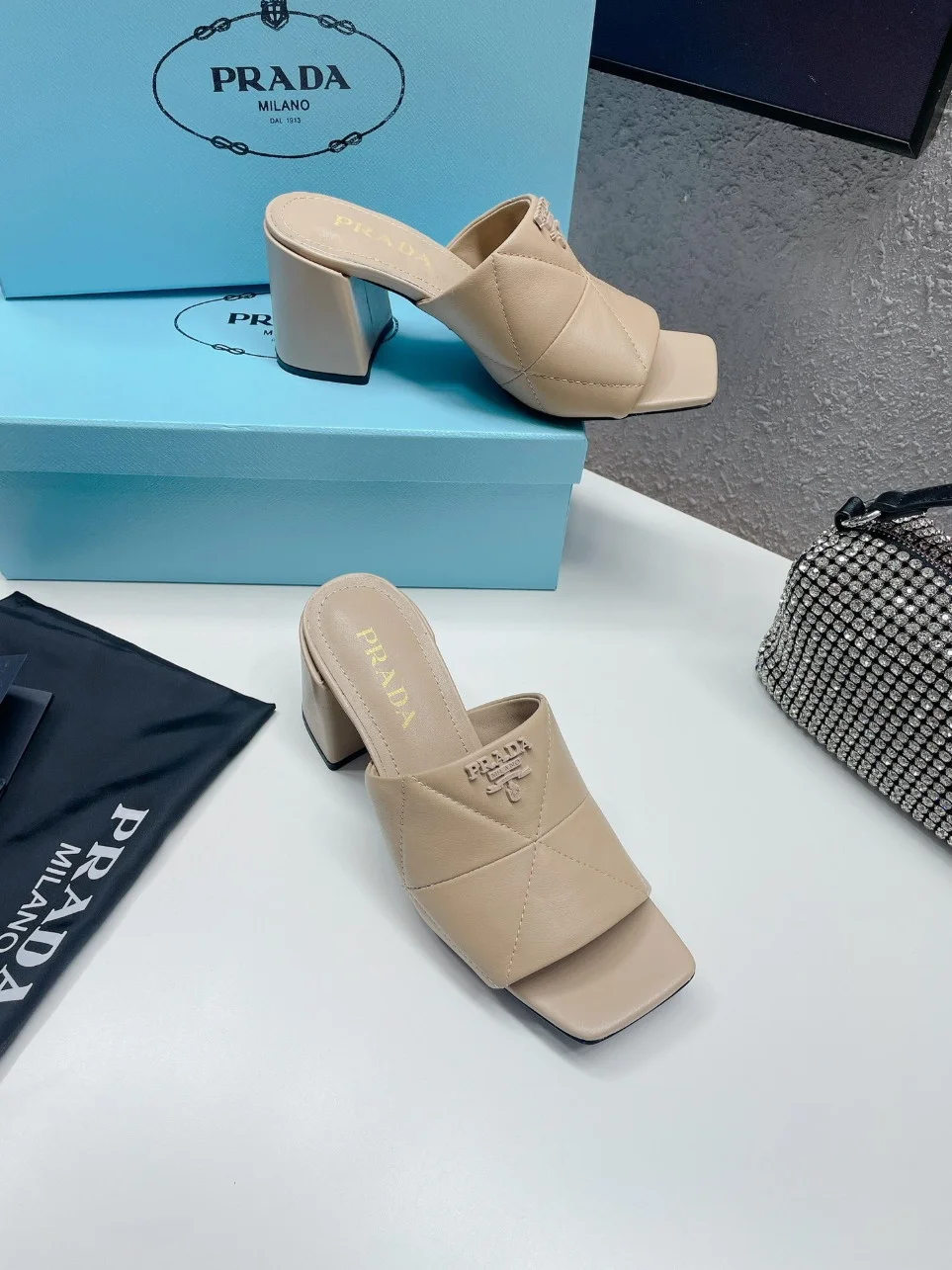 Prada Heeled Slide Sandals 65mm In Beige Nappa Leather product view 5