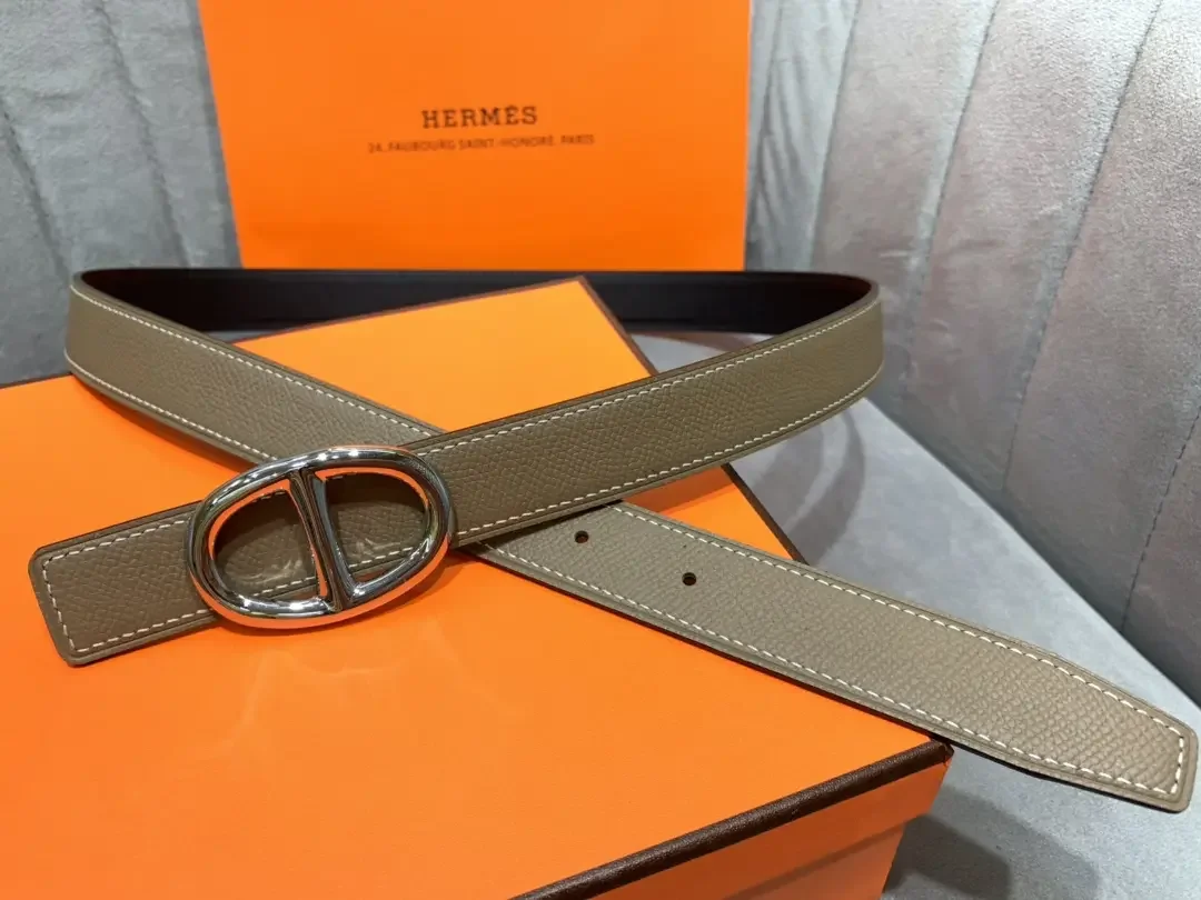 Hermès Taupe/Black Reversible Belt with Silver-Tone Oval Buckle product view 3
