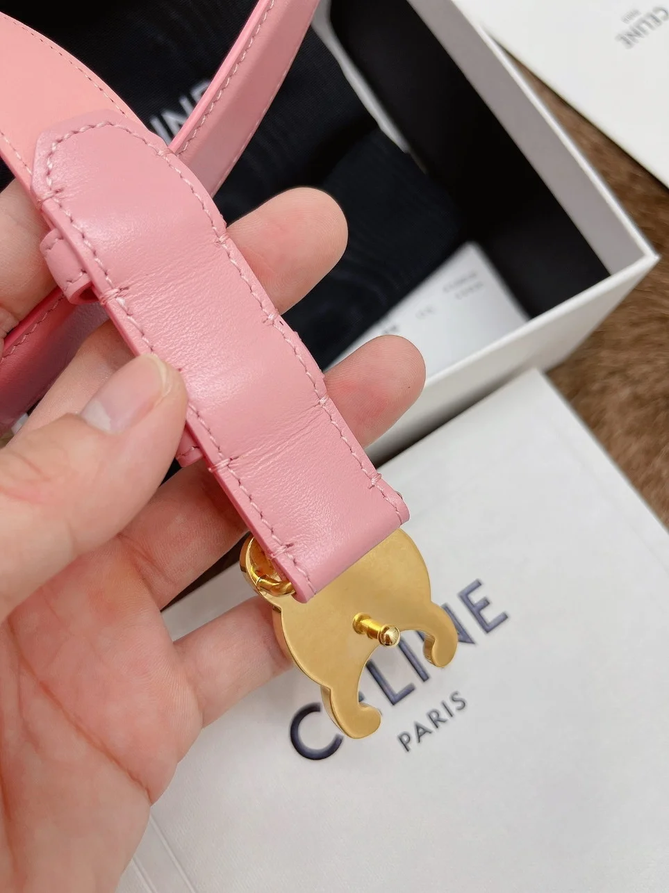 Celine Medium Triomphe Belt 25MM in Pink Calfskin product view 6