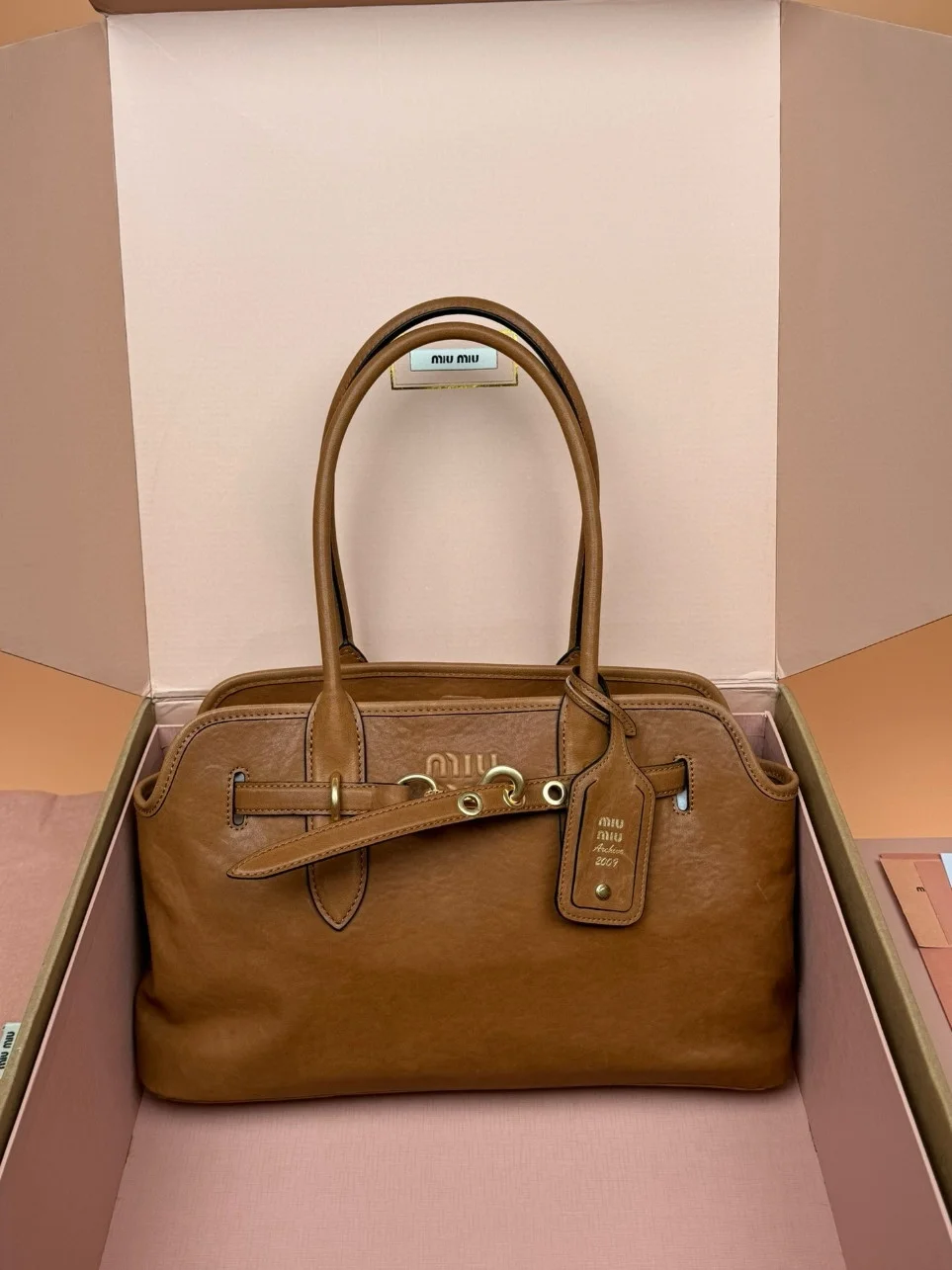 Miu Miu Aventure Large Tote Bag in Oak Nappa Leather product view 3