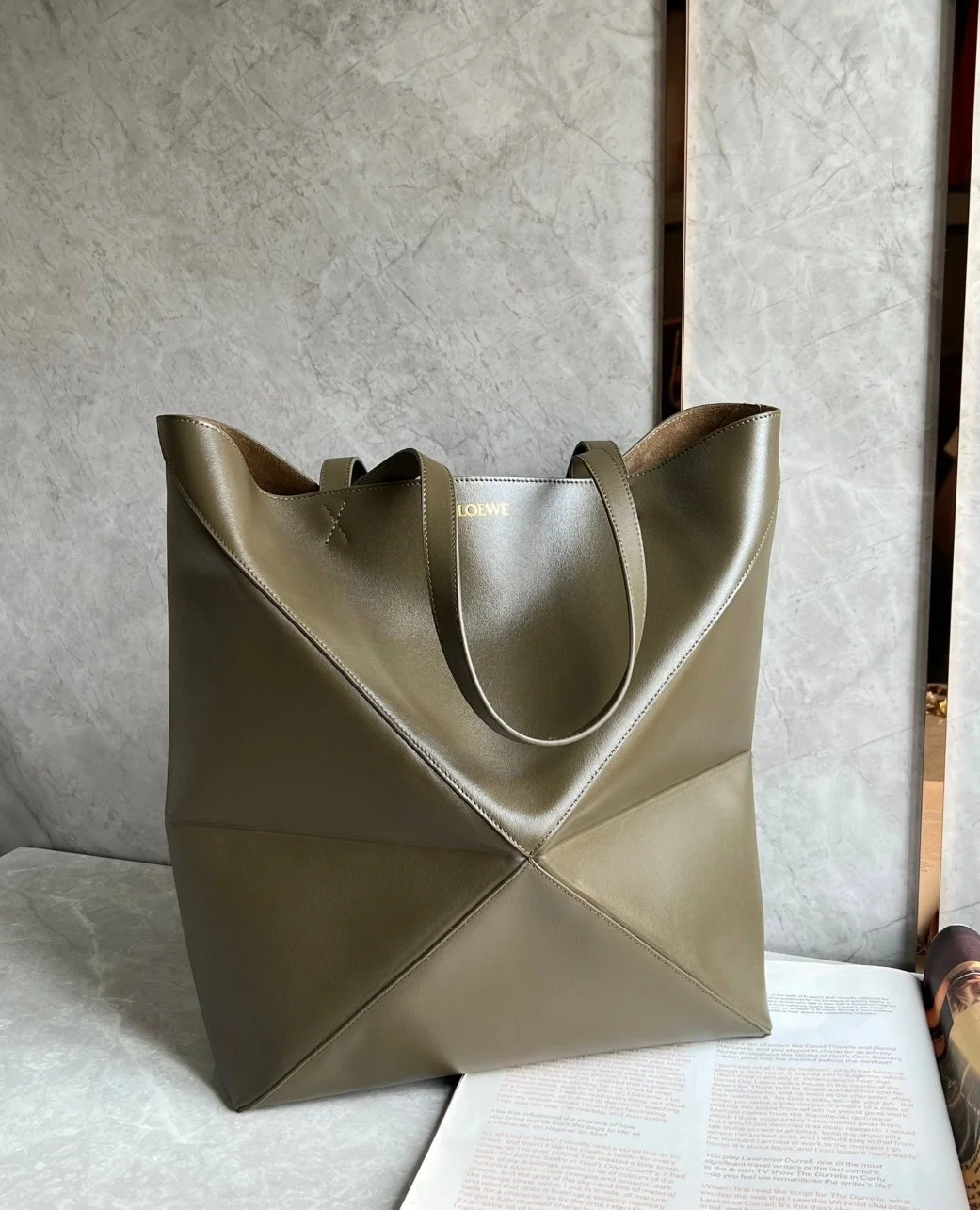 Loewe Large Puzzle Fold Tote Bag in Dark Green Calfskin product view 5