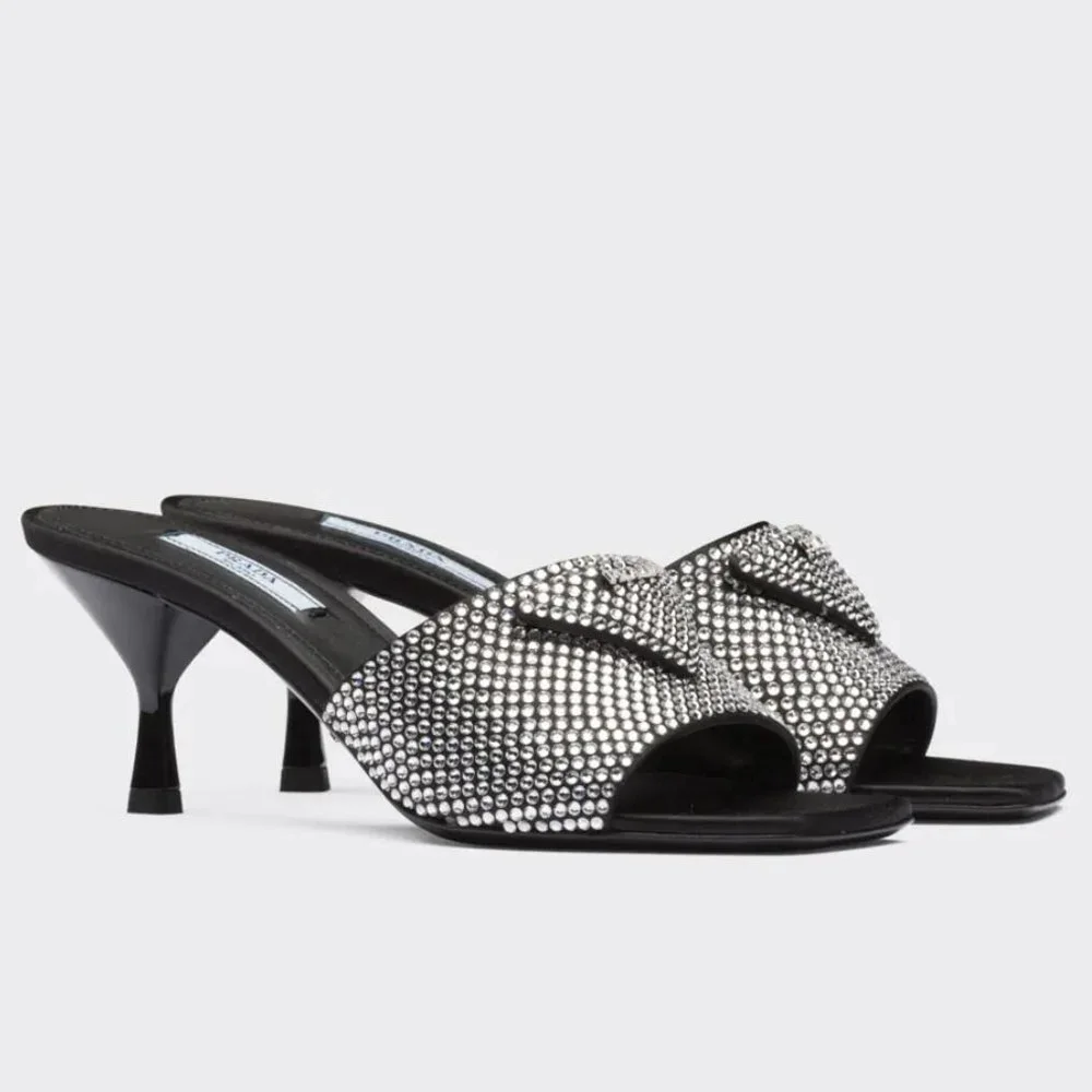Prada Black Satin Heeled Sandals with White Crystals product view 1
