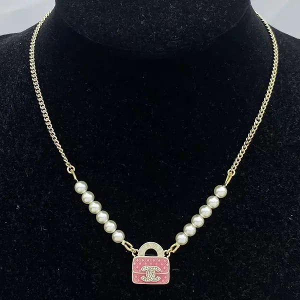 Chanel Mini Handbag Charm Pearl-Effect Necklace Pink and Gold-Tone product photo